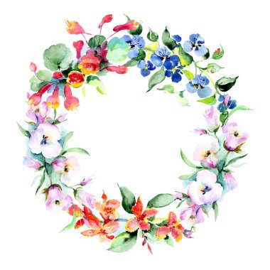 Renkli bahar çiçekleri çerçevesinde. Suluboya arka plan illüstrasyon küme. Suluboya çizim moda aquarelle izole. Dekoratif kenarlık 
