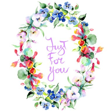 Renkli bahar çiçekleri çerçevesinde. Suluboya arka plan illüstrasyon küme. Suluboya çizim moda aquarelle izole. Sadece için Java el yazısı monogram hat ile süs sınır.