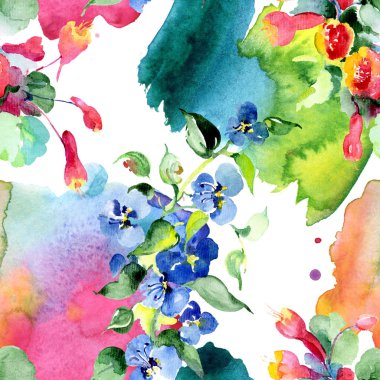 Renkli bahar çiçekleri ile arka plan. Suluboya arka plan illüstrasyon küme. Suluboya çizim moda aquarelle izole. İzole buket doku