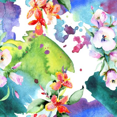 Renkli bahar çiçekleri ile arka plan. Suluboya arka plan illüstrasyon küme. Suluboya çizim moda aquarelle izole. İzole buket doku