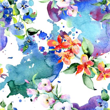 Renkli bahar çiçekleri ile arka plan. Suluboya arka plan illüstrasyon küme. Suluboya çizim moda aquarelle izole. İzole buket doku