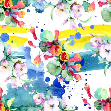Renkli bahar çiçekleri ile arka plan. Suluboya arka plan illüstrasyon küme. Suluboya çizim moda aquarelle izole. İzole buket doku