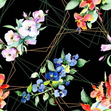 Renkli bahar çiçekleri ile arka plan. Suluboya arka plan illüstrasyon küme. Suluboya çizim moda aquarelle izole. İzole buket doku