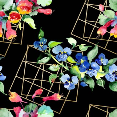 Renkli bahar çiçekleri ile arka plan. Suluboya arka plan illüstrasyon küme. Suluboya çizim moda aquarelle izole. İzole buket doku