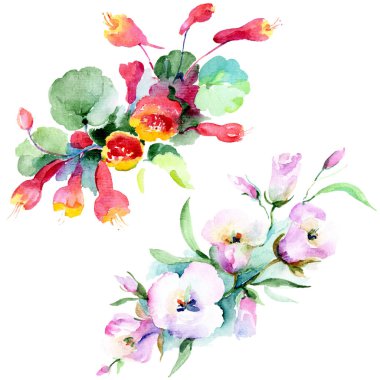 Renkli bahar buket. Suluboya arka plan illüstrasyon küme. Suluboya çizim moda aquarelle izole. İzole buket illüstrasyon öğesi.