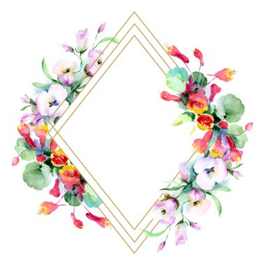 Renkli bahar çiçekleri çerçevesinde. Suluboya arka plan illüstrasyon küme. Suluboya çizim moda aquarelle izole. Dekoratif kenarlık 