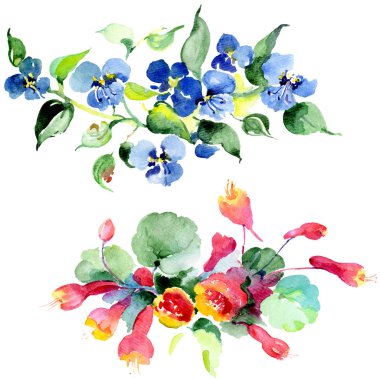 Renkli bahar buket. Suluboya arka plan illüstrasyon küme. Suluboya çizim moda aquarelle izole. İzole buket illüstrasyon öğesi.