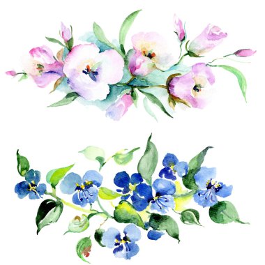 Renkli bahar buket. Suluboya arka plan illüstrasyon küme. Suluboya çizim moda aquarelle izole. İzole buket illüstrasyon öğesi.