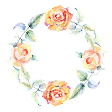 Turuncu gül çiçek çerçeveli. Suluboya arka plan illüstrasyon küme. Suluboya çizim moda aquarelle izole. Dekoratif kenarlık 