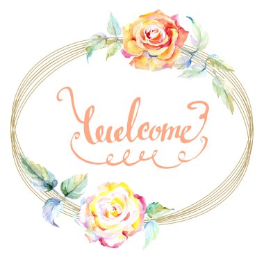 Turuncu gül çiçek çerçeveli. Suluboya arka plan illüstrasyon küme. Suluboya çizim moda aquarelle izole. Hoş geldiniz işareti ile süs kenarlık 