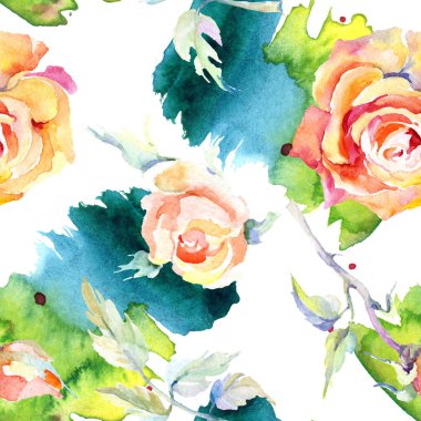 Turuncu gül çiçek. Suluboya çizim moda aquarelle izole. Sorunsuz arka plan deseni. Kumaş duvar kağıdı yazdırma doku.