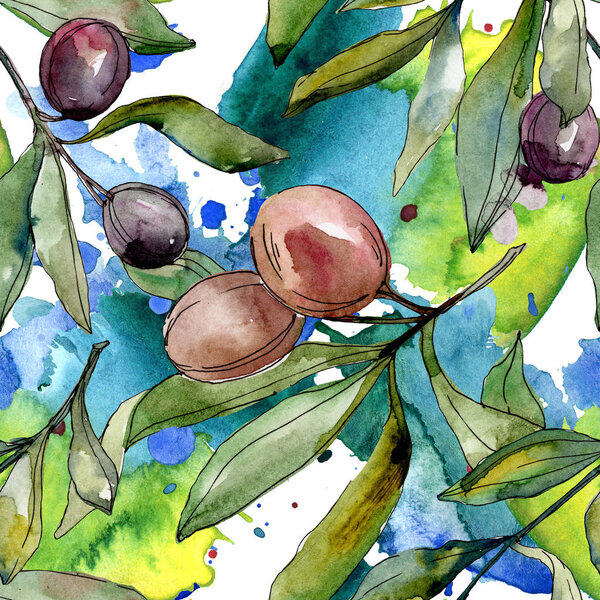 Black olives watercolor background illustration set. Watercolour drawing fashion aquarelle isolated. Seamless background pattern. Fabric wallpaper print texture.