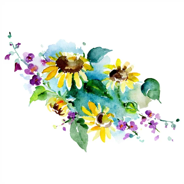 Bouquet Fleurs Sauvages Tournesols Ensemble Illustration Fond Aquarelle Aquarelle Dessin — Photo