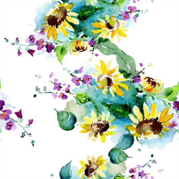 Bouquet of wildflowers and sunflowers. Watercolor background illustration set. Watercolour drawing fashion aquarelle isolated. Seamless background pattern. Fabric wallpaper print texture.