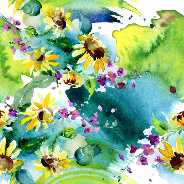 Bouquet of wildflowers and sunflowers. Watercolor background illustration set. Watercolour drawing fashion aquarelle isolated. Seamless background pattern. Fabric wallpaper print texture.