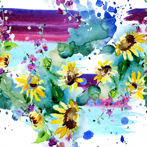Bouquet of wildflowers and sunflowers. Watercolor background illustration set. Watercolour drawing fashion aquarelle isolated. Seamless background pattern. Fabric wallpaper print texture.