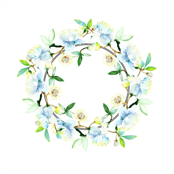 Okrągła Rama Wiosennych Kwiatów Zestaw Ilustracji Tle Akwarela Akwarela Rysunku — Zdjęcie stockowe