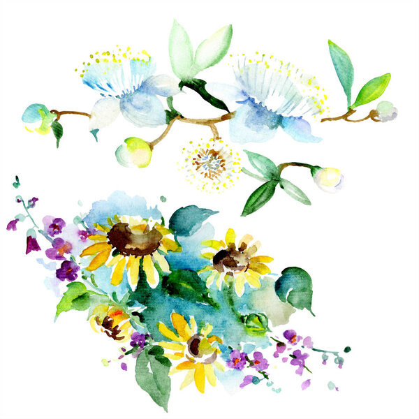 Bouquets of wildflowers and sunflowers. Watercolor background illustration set. Watercolour drawing fashion aquarelle isolated. 