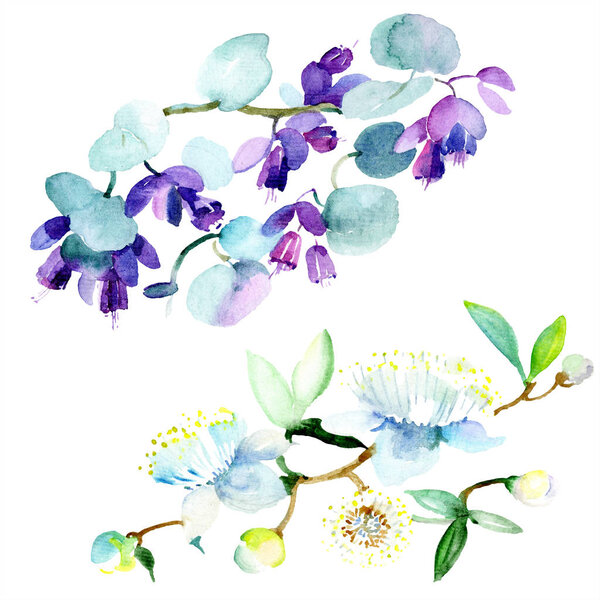 Bouquet of purple flowers. Watercolor background illustration set. Watercolour drawing fashion aquarelle isolated. Isolated bouquet illustration element.