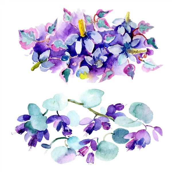 Bouquet Fleurs Violettes Ensemble Illustration Fond Aquarelle Aquarelle Dessin Mode — Photo