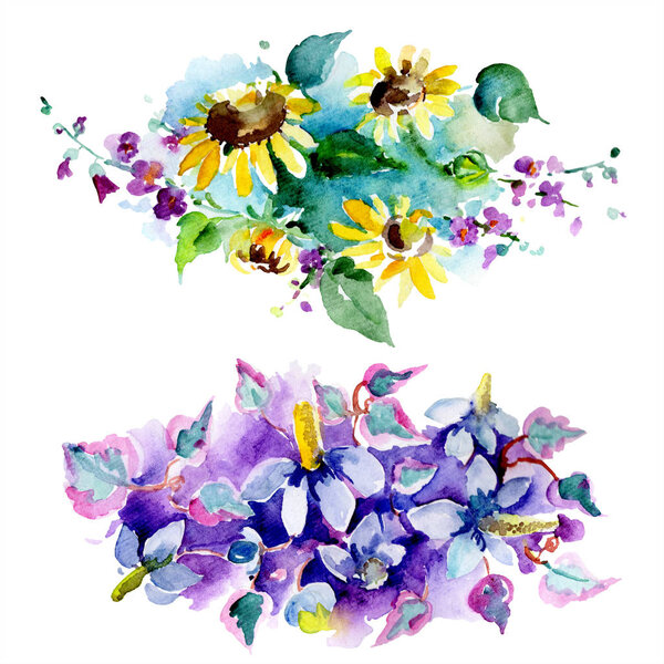 Bouquets of wildflowers and sunflowers. Watercolor background illustration set. Watercolour drawing fashion aquarelle isolated. Seamless background pattern. Fabric wallpaper print texture.