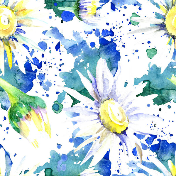 Daisy flowers background. Watercolor background illustration set. Watercolour drawing aquarelle isolated. Seamless background pattern. Fabric wallpaper print texture.
