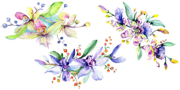 Pink and purple orchids. Watercolor background illustration set. Watercolour flower bouquet illustration element.