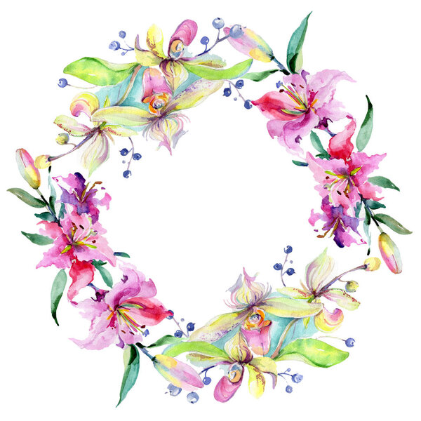Frame with pink and purple orchid flowers. Watercolour drawing fashion aquarelle isolated. Ornament border 
