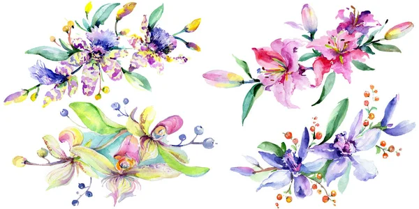 Orchidées Roses Violettes Ensemble Illustration Fond Aquarelle Bouquet Fleurs Aquarelle — Photo