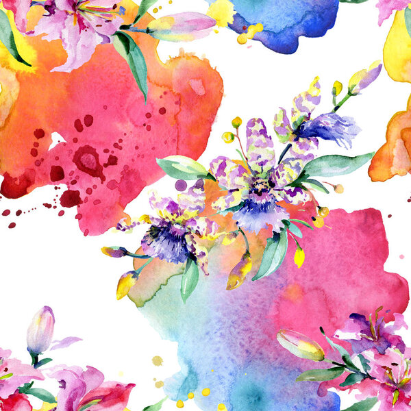 Pink and purple orchid flowers. Watercolour drawing fashion aquarelle isolated. Seamless background pattern. Fabric wallpaper print texture.