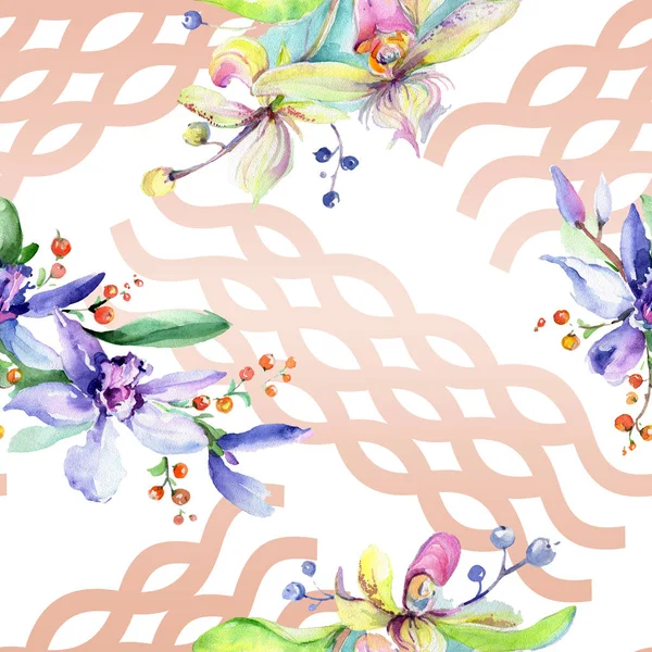Ορχιδέα Λουλούδια Ροζ Και Μοβ Ακουαρέλα Σχεδίασης Μόδας Aquarelle Απομονωμένη — Φωτογραφία Αρχείου