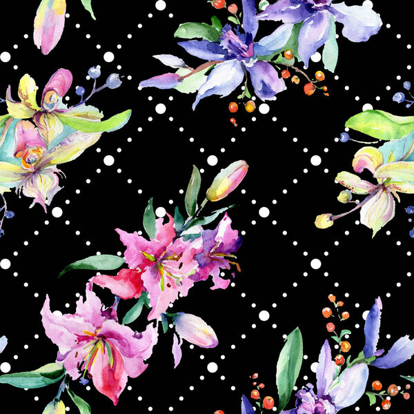 Pink and purple orchid flowers. Watercolour drawing fashion aquarelle isolated. Seamless background pattern. Fabric wallpaper print texture.