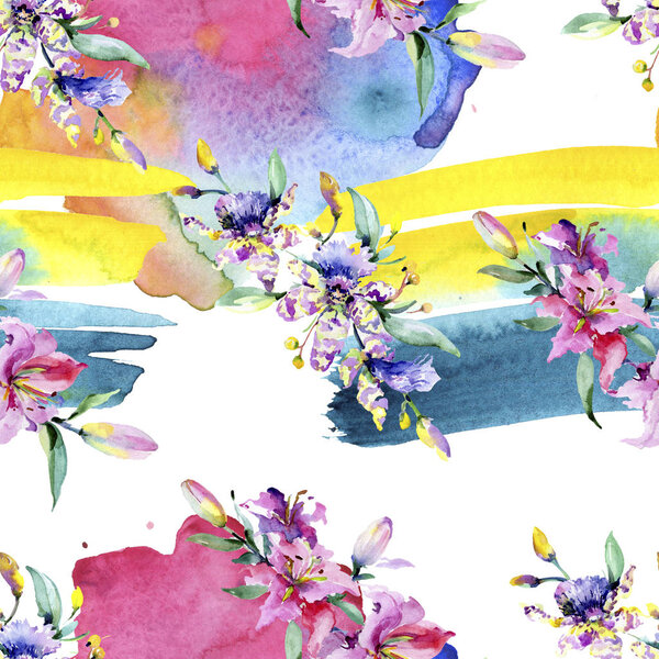 Pink and purple orchid flowers. Watercolour drawing fashion aquarelle isolated. Seamless background pattern. Fabric wallpaper print texture.
