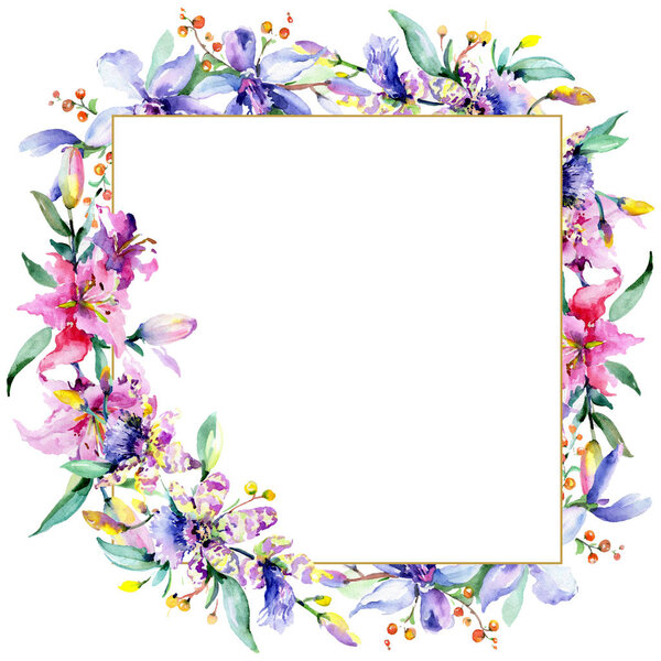 Frame with pink and purple orchid flowers. Watercolour drawing fashion aquarelle isolated. Ornament border 