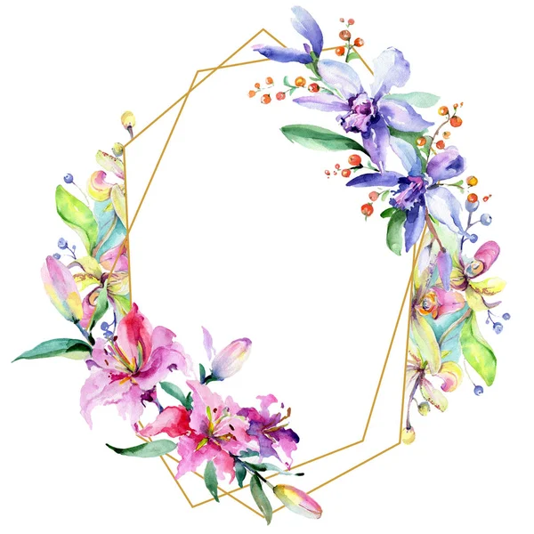 Frame Met Roze Paarse Orchideebloemen Aquarel Tekenen Mode Aquarelle Geïsoleerd — Stockfoto
