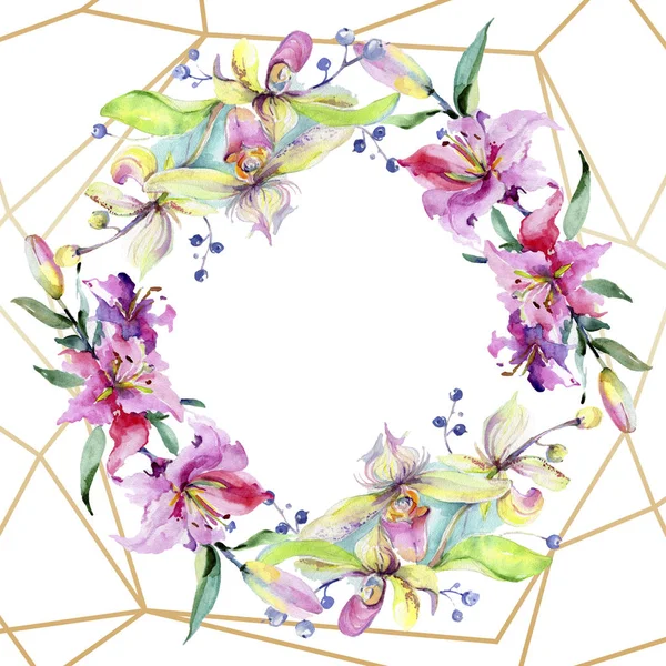 Ram Med Rosa Och Lila Orkidé Blommor Akvarell Ritning Mode — Stockfoto