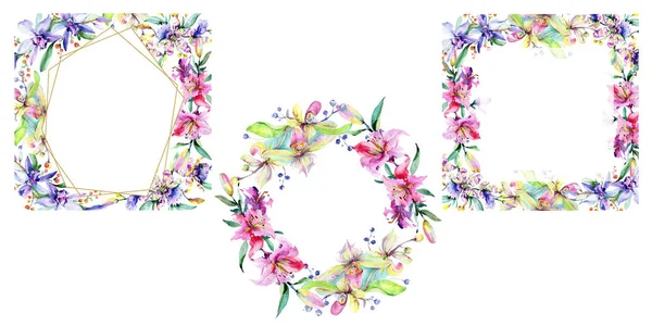 Ramar Med Rosa Och Lila Orkidé Blommor Akvarell Ritning Mode — Stockfoto