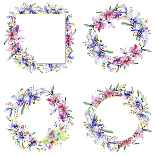 Ramar Med Rosa Och Lila Orkidé Blommor Akvarell Ritning Mode — Stockfoto