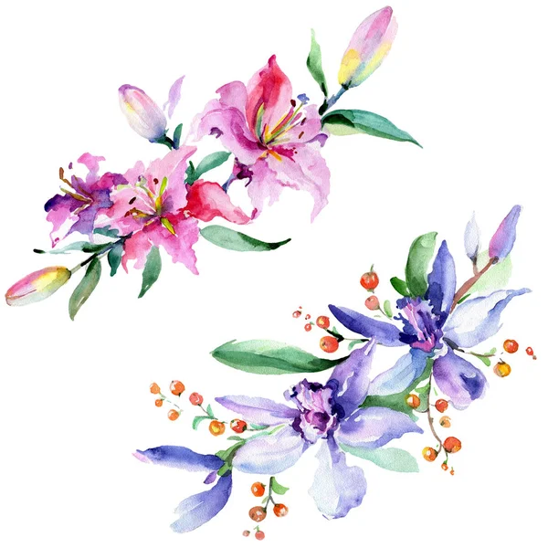 Orchidées Roses Violettes Ensemble Illustration Fond Aquarelle Bouquet Fleurs Aquarelle — Photo