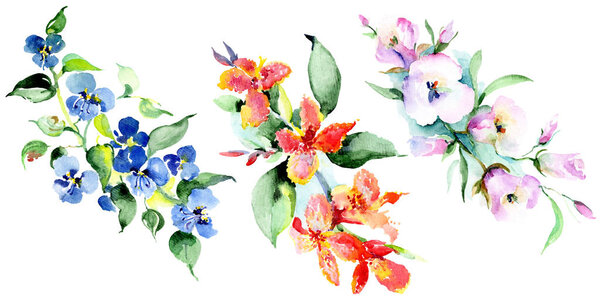 Bouquet of colorful spring flowers. Watercolor background illustration set. Watercolour drawing fashion aquarelle isolated. Isolated bouquet illustration element.