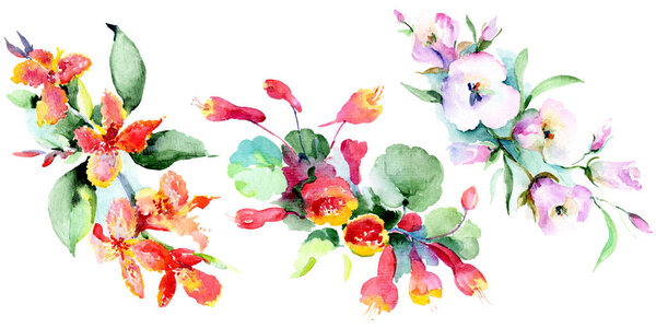 Bouquet of colorful spring flowers. Watercolor background illustration set. Watercolour drawing fashion aquarelle isolated. Isolated bouquet illustration element.