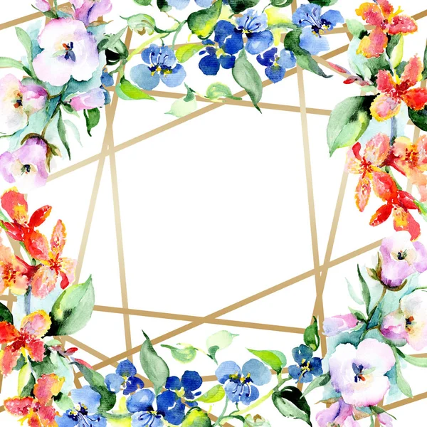 Renkli Bahar Çiçekleri Çerçevesinde Suluboya Arka Plan Illüstrasyon Küme Suluboya — Stok fotoğraf