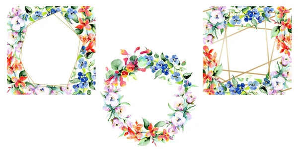 Καρέ Από Πολύχρωμα Ανοιξιάτικα Λουλούδια Ακουαρέλα Φόντο Εικόνα Σύνολο Ακουαρέλα — Φωτογραφία Αρχείου