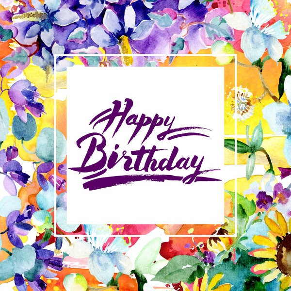 Flores de ramo. Conjunto de ilustración de fondo acuarela. Marco borde ornamento cuadrado. Feliz cumpleaños caligrafía monograma caligrafía
. — Imagen de stock Flores Ramo Conjunto Ilustración Fondo Acuarela Marco Borde Ornamento Cuadrado Fotos De Stock