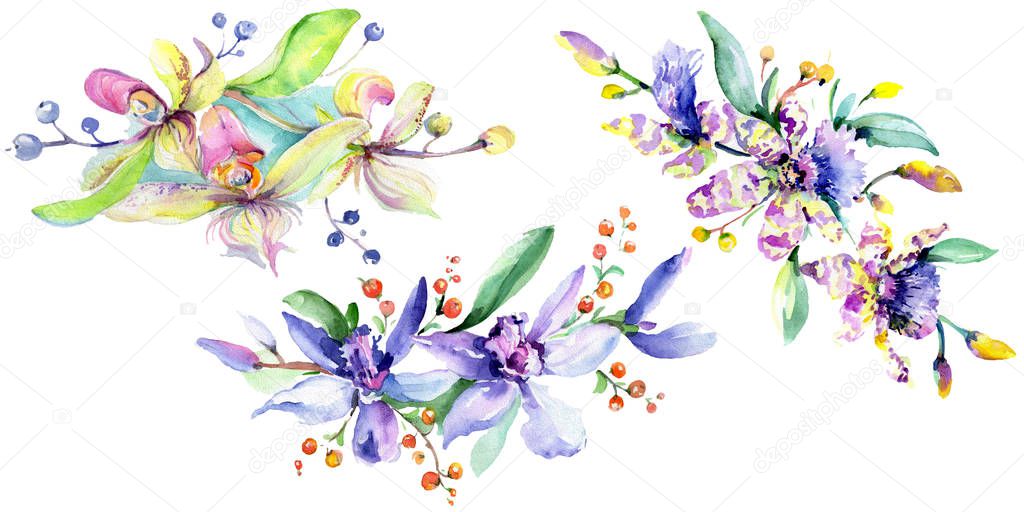 Pink and purple orchids. Watercolor background illustration set. Watercolour flower bouquet illustration element.