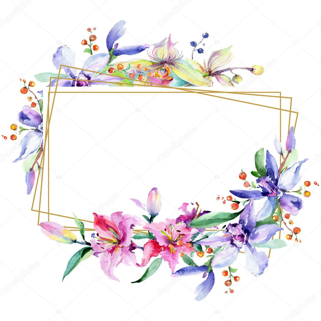 Frame with pink and purple orchid flowers. Watercolour drawing fashion aquarelle isolated. Ornament border 