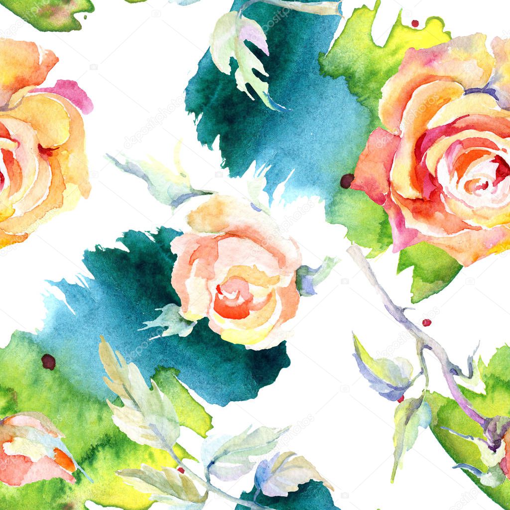 Orange rose flowers. Watercolour drawing fashion aquarelle isolated. Seamless background pattern. Fabric wallpaper print texture.