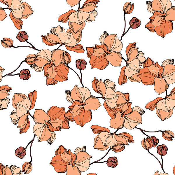 Vector orange orchids. Wildflowers isolated on white. Engraved ink art. Seamless background pattern. Wallpaper print texture.