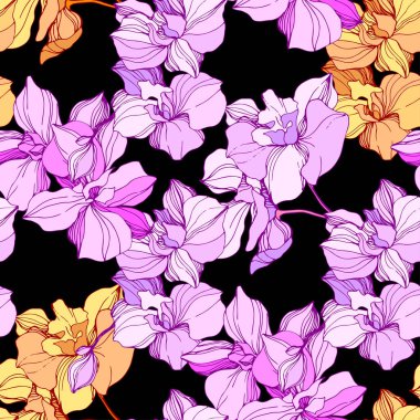 Vektör pembe ve turuncu orkide. Siyah izole kır çiçekleri. Oyulmuş mürekkep sanat. Sorunsuz arka plan deseni. Yazdırma doku duvar kağıdı.