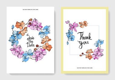 Vector orchids. Wildflowers. Engraved ink art. Wedding cards. Thank you, save the date invitation cards graphic set banner. clipart